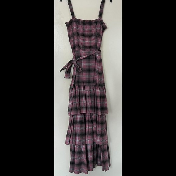 Pink Plaid Smock Bodice Drop Waist Midi / Maxi Ruffle Dress Size 0 - NWT - Picture 5 of 10